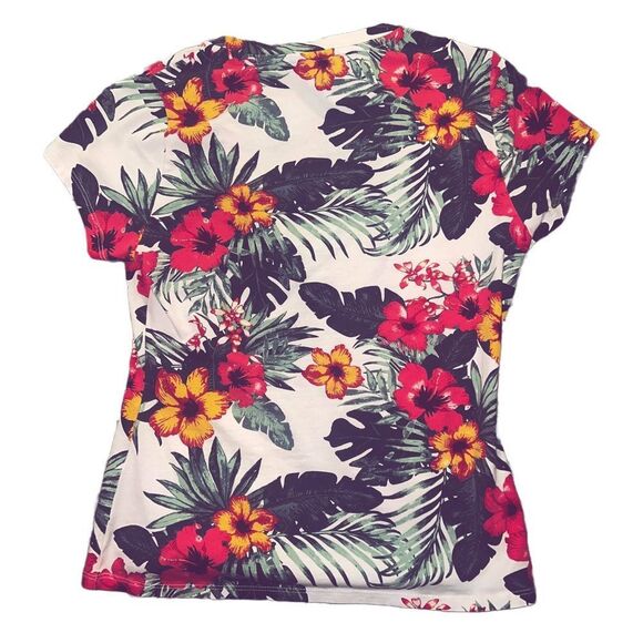 GUESS S of the shoulder white multi color floral print short sleeved v-neck top - Picture 3 of 3